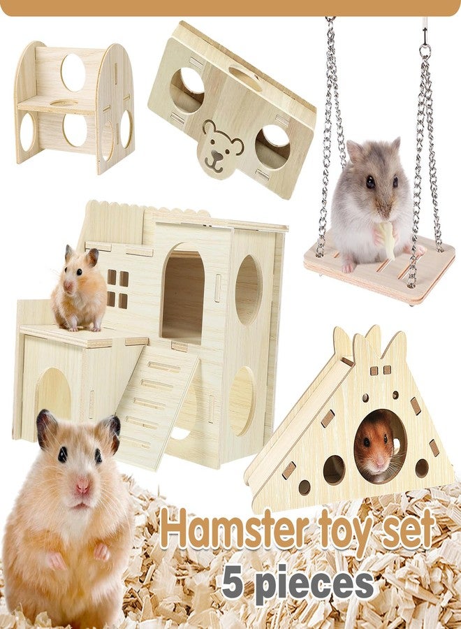 DINTSTYLE Hamster Toys 5-Piece Set ，Hamster House, Swing, Climbing Ladder, Seesaw & Exercise Wheel，Pet DIY Sport Exercise Toys Set, Small Animal Habitat Accessories ，Gerbils, Mice（Natural Wood） - Image 4